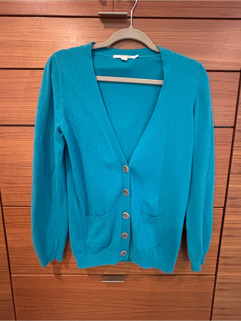 Boden Teal V-Neck Button Cardigan, Cashmere Blend in Size 6.